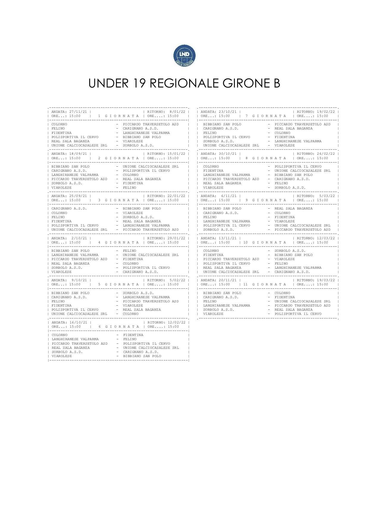 JUNIORES REGIONALE U19 gir. B CALENDARIO rielaborato 20212022