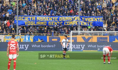 striscione in Curva Nord sulla societa in Parma Perugia 2 0 Serie B 2022 2023