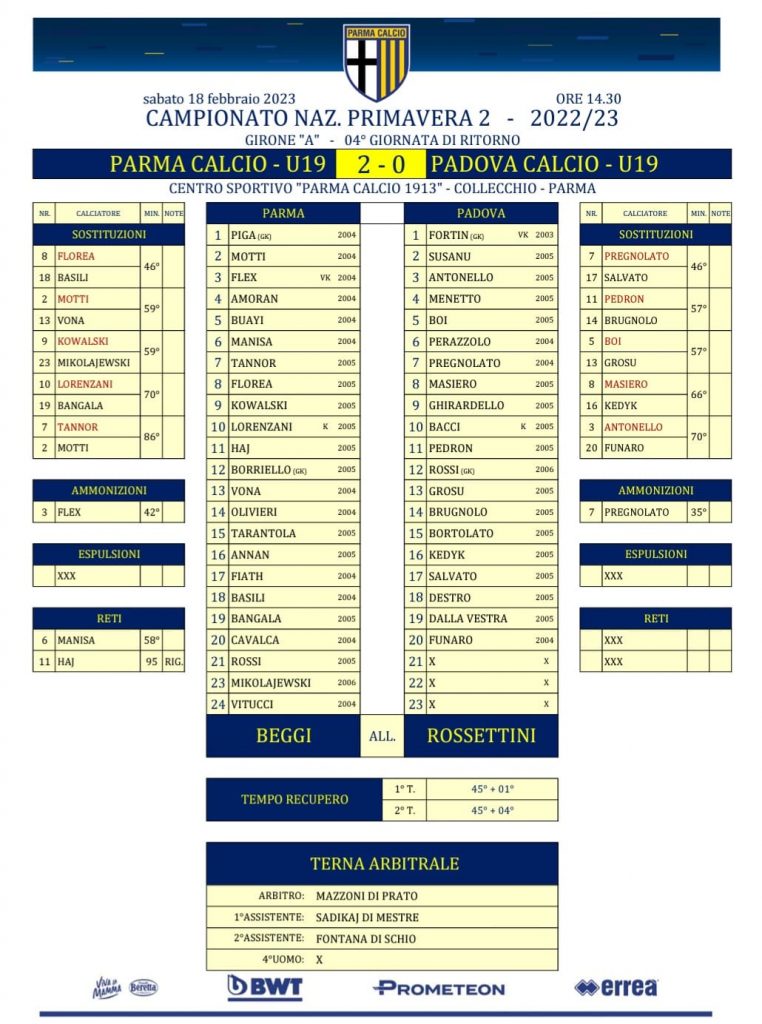 parma padova tabellino finale