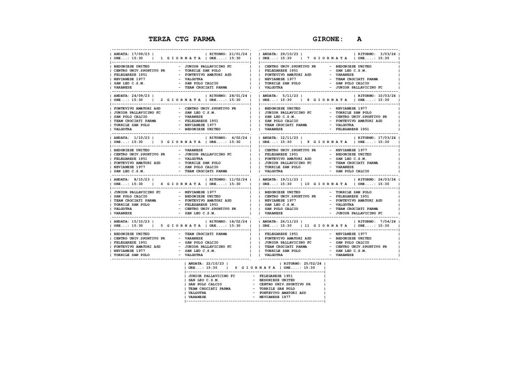 calendario Terza Categoria PR gir. A 2023 2024