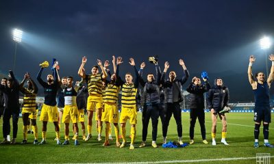esultanza finale dei giocatori gialloblu in Brescia Parma 0 2