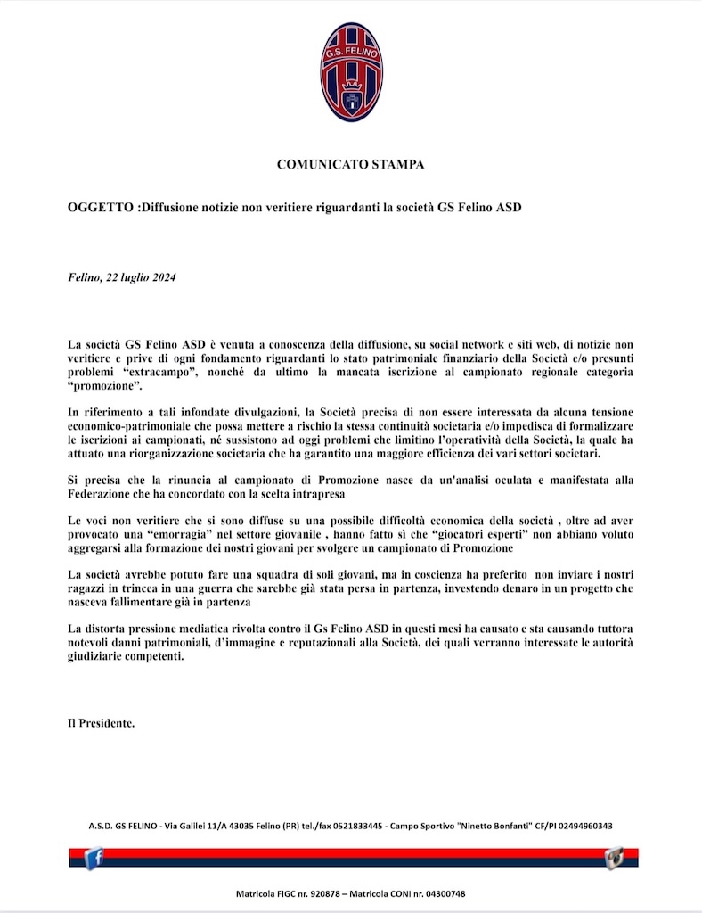 Comunicato stampa Gs Felino 23 luglio 2024