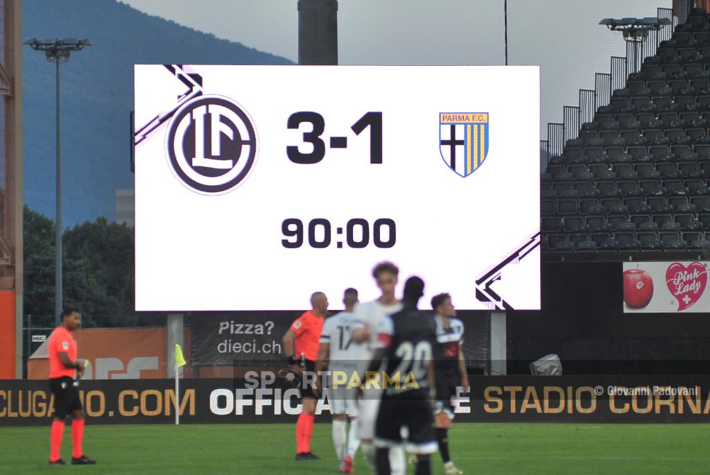 Lugano Parma 3 1 amichevole 13.07.2024 il tabellone col punteggio finale allo stadio di Cornaredo