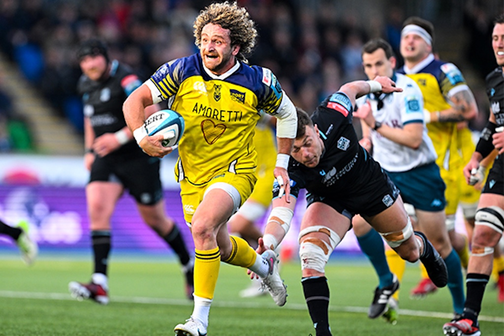 Bautista Stavile Zebre Parma corre in meta allo Scotstoun contro i Glasgow Warriors Inpho