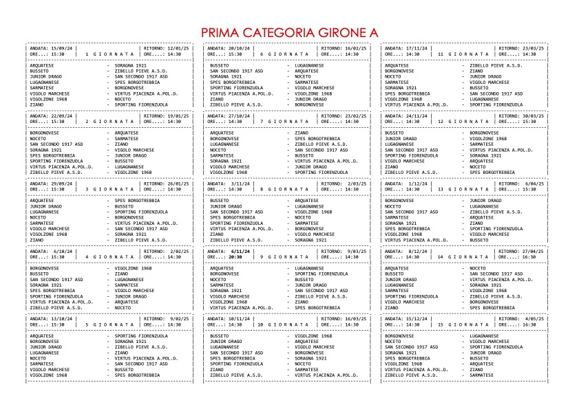 calendario Prima Categoria gir. A 2024 2025