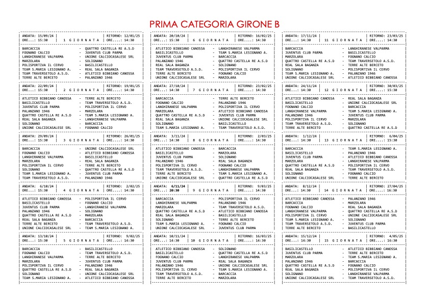 calendario Prima Categoria gir. B 2024 2025