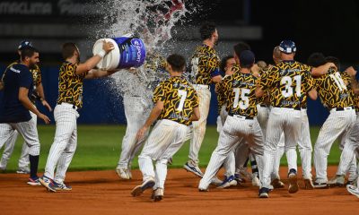 i giocatori del Parmaclima festeggiano Liddi dopo la valida della vittoria foto Corrado Benedetti per Oldmanagency