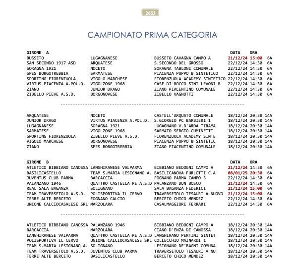 recuperi 6a e 14a giornata Prima Categoria 2024 2025 gironi A B