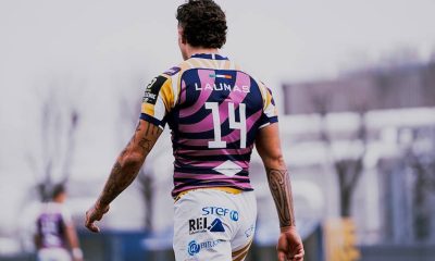 Jacopo Trulla di sppalle con la maglia numero 14 delle Zebre Parma