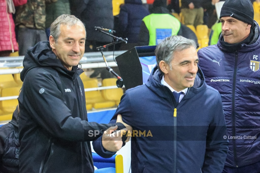 Parma Lecce 1 2 23a giornata Serie A 2024 2025 il saluto tra i due tecnici Marco Giampaolo e Fabio Pecchia