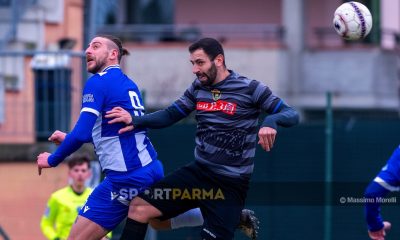 Real Sala Baganza Marzolara 2 2 18a giornata Prima Categoria gir. B 2024 2025 duello aereo tra Mattia Dellapina e Francesco Biasin