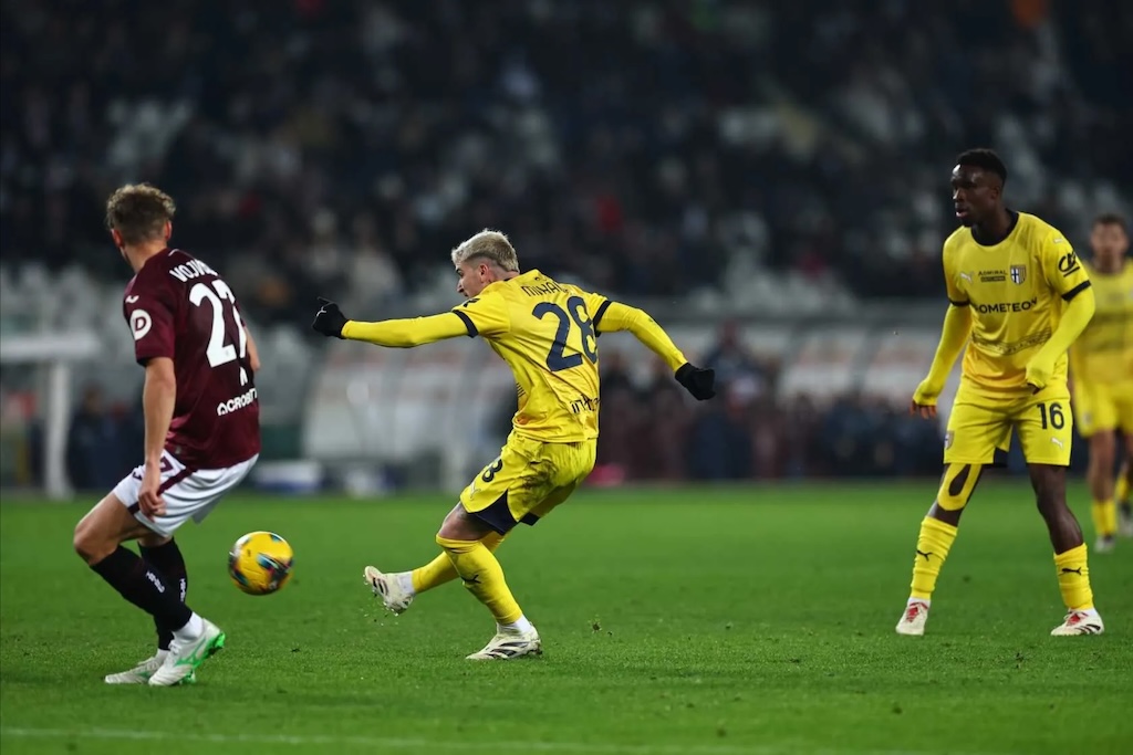 Valentin Mihaila al tiro in Torino Parma 0 0 19a giornata Serie A 2024 2025