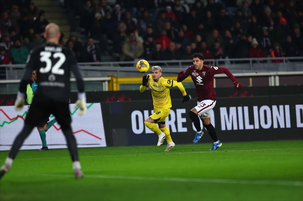 Valentin Mihaila e Guillermo Maripan in azione durante Torino Parma 0 0 19a giornata Serie A 2024 2025