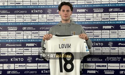 il difensore Mathias Johan Fjortoft Lovik Parma Calcio nella conferenza stampa di presentazione 15.1.2025