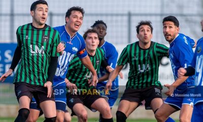 Noceto Soragna 2 1 21a giornata Prima Categoria gir. A 2024 2025 Federico Petrelli marcato da Pier Luca Ferri e Nicola Boselli da Gabriel Cazzato