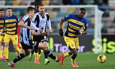 Ange Yoan Bonny tra Jaka Bijol e Sandi Lovic in Udinese Parma 1 0 27a giornata 2024 2025