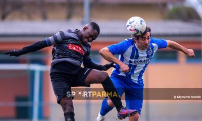 Real Sala Baganza Palanzano 0 2 23a giornata Prima Categoria gir. B 2024 2025 Mohamed Momo Kone perde il duello aereo con Nicola Frigeri