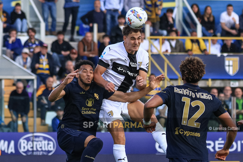 Pellegrino incorna la Juve, Parma in estasi 1 Parma Juventus 1 0 33a giornata Serie A 2024 2025 Mateo Pellegrino sovrasta Lloyd Kelly di testa e insacca il gol partitaJPG