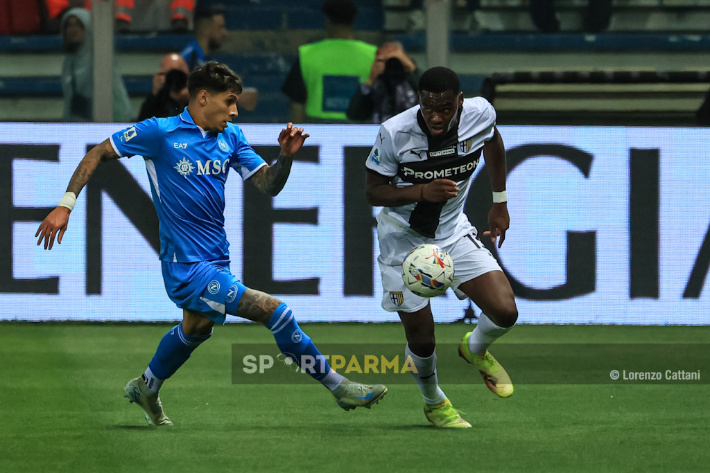 PAGELLE: la difesa giganteggia, Sohm piede caldo 1 Parma Napoli 0 0 37a giornata Serie A 2024 2025 Mathias Olivera e Ange Yoan Bonny
