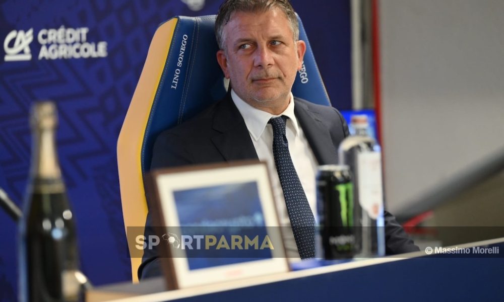 conferenza stampa di presentazione del nuovo allenatore del Parma Calcio 1913 Carlos Cuesta allo stadio Tardini il 26.6.2025 lAD Federico Cherubini durante la presentazione di Carlos Cuesta